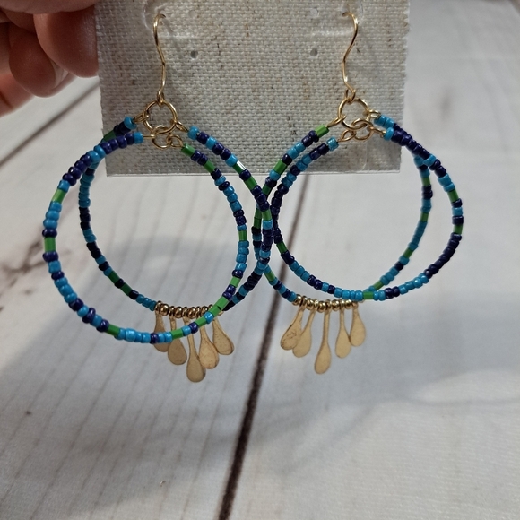 Bijoux Bar Beaded Hoop Earrings in Blue, Green and Gold Tone - Picture 1 of 3